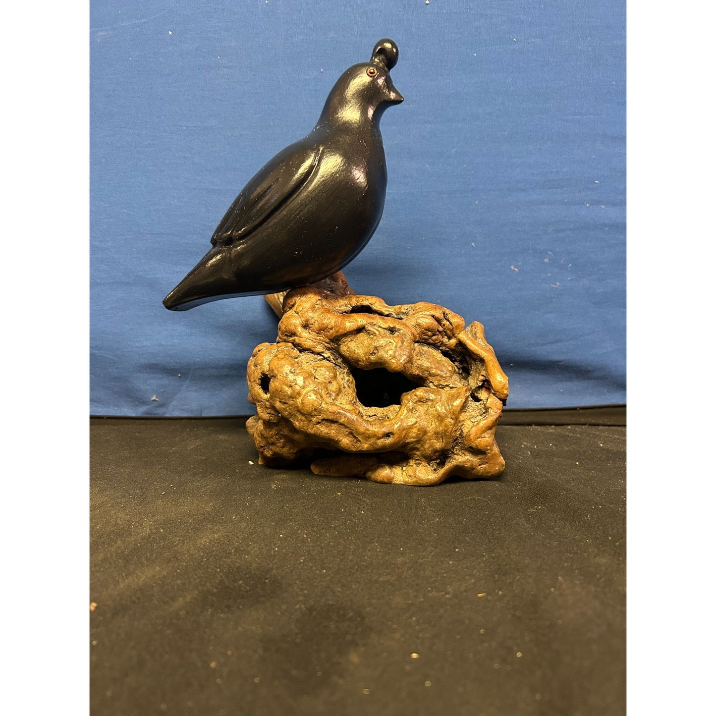 Hand-Carved Black Quail Figurine On Natural Wood Base Rustic Decor