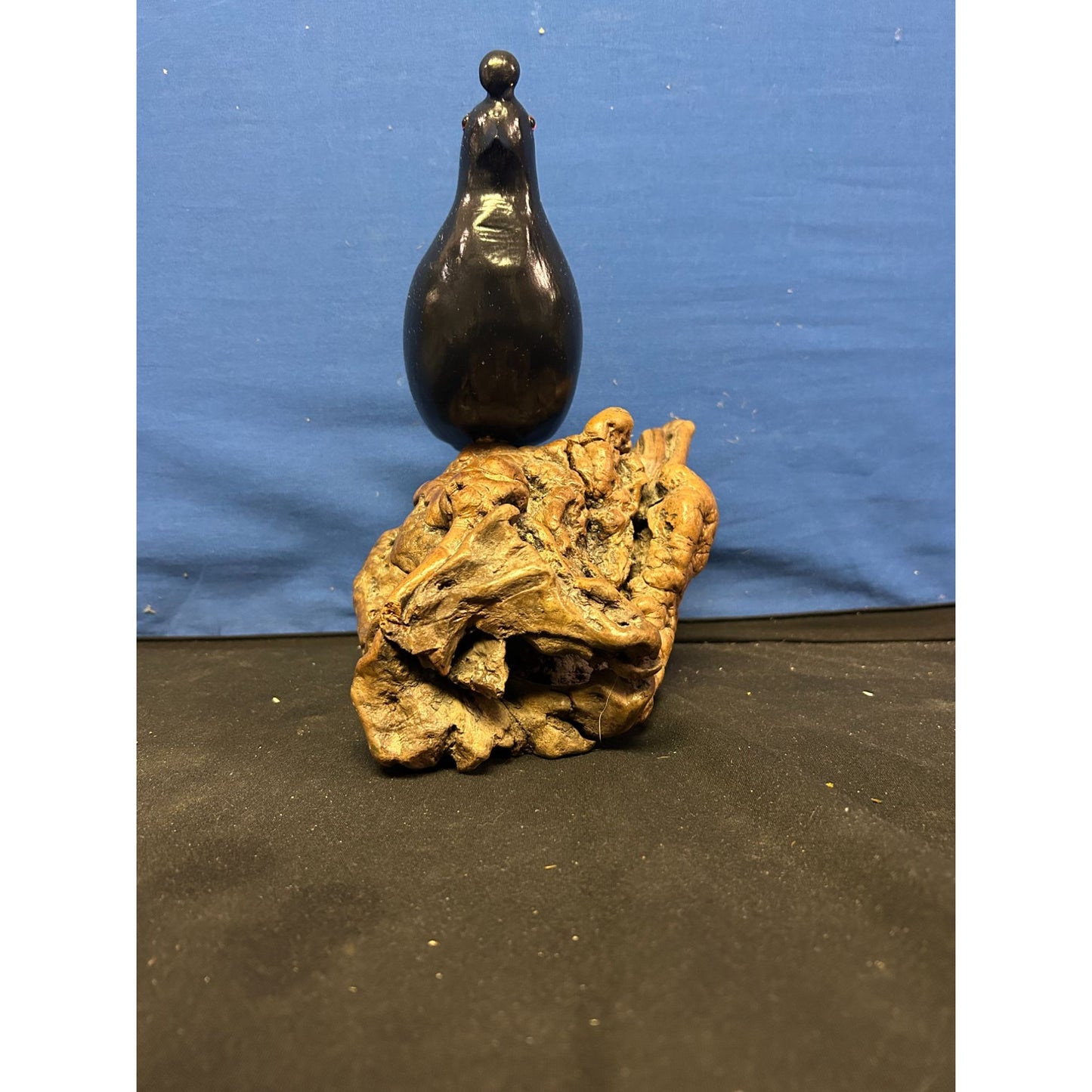 Hand-Carved Black Quail Figurine On Natural Wood Base Rustic Decor