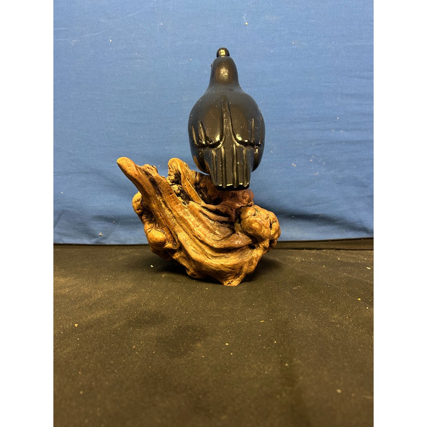Hand-Carved Black Quail Figurine On Natural Wood Base Rustic Decor