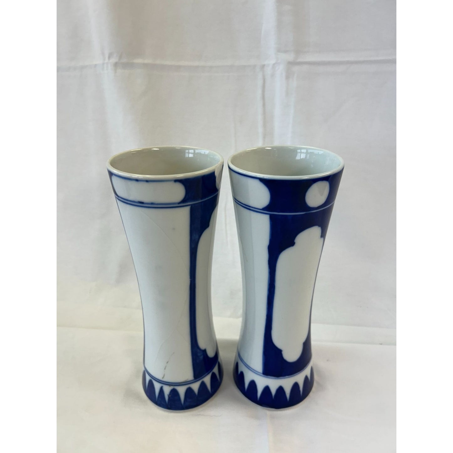 Set Of 2 Blue & White Ceramic Vases With Abstract Design