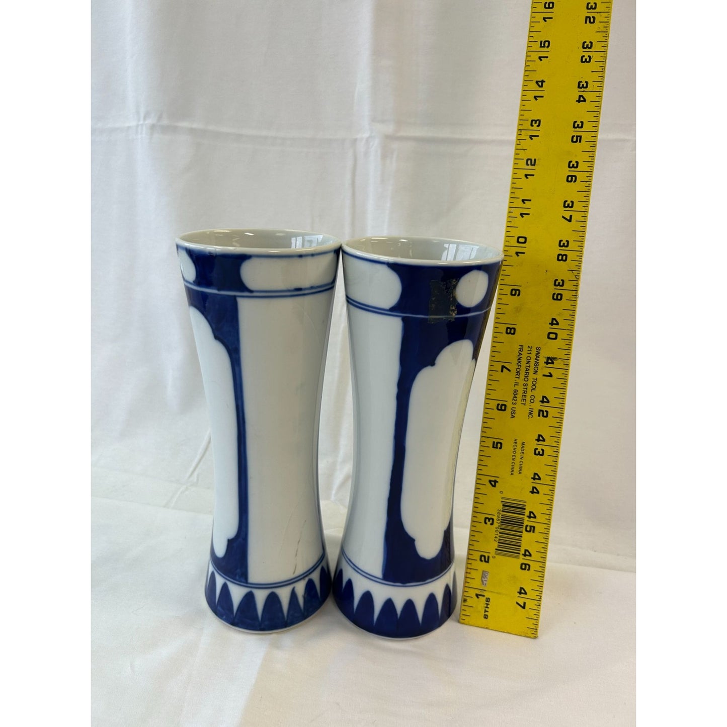 Set Of 2 Blue & White Ceramic Vases With Abstract Design