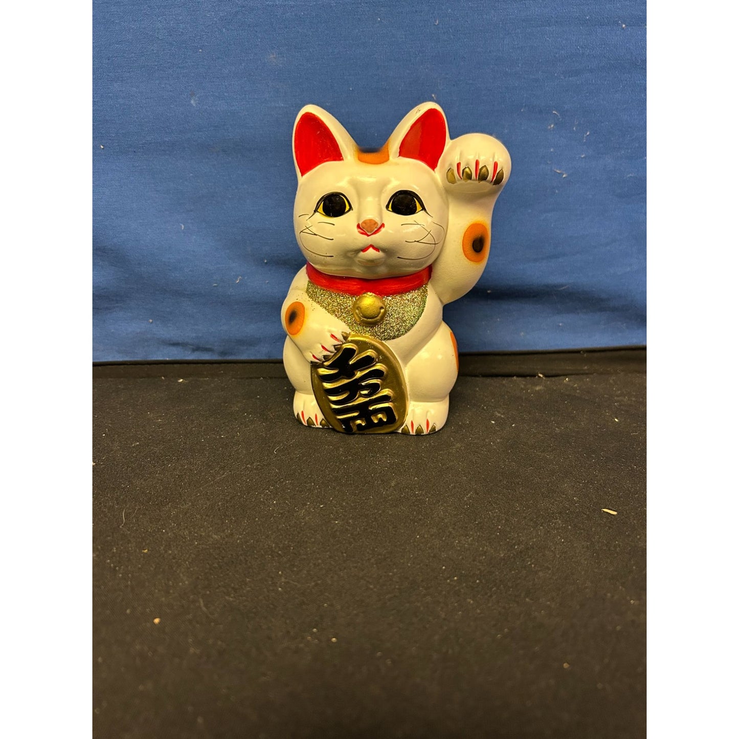 Ceramic White & Orange Maneki Neko Lucky Cat Coin Bank With Red Collar & Gold Glitter Detail