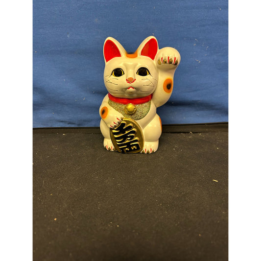Ceramic White & Orange Maneki Neko Lucky Cat Coin Bank With Red Collar & Gold Glitter Detail