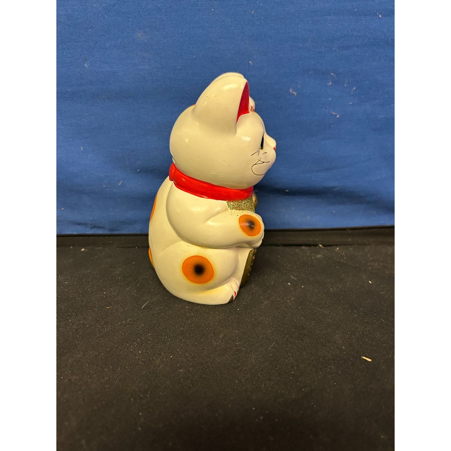 Ceramic White & Orange Maneki Neko Lucky Cat Coin Bank With Red Collar & Gold Glitter Detail