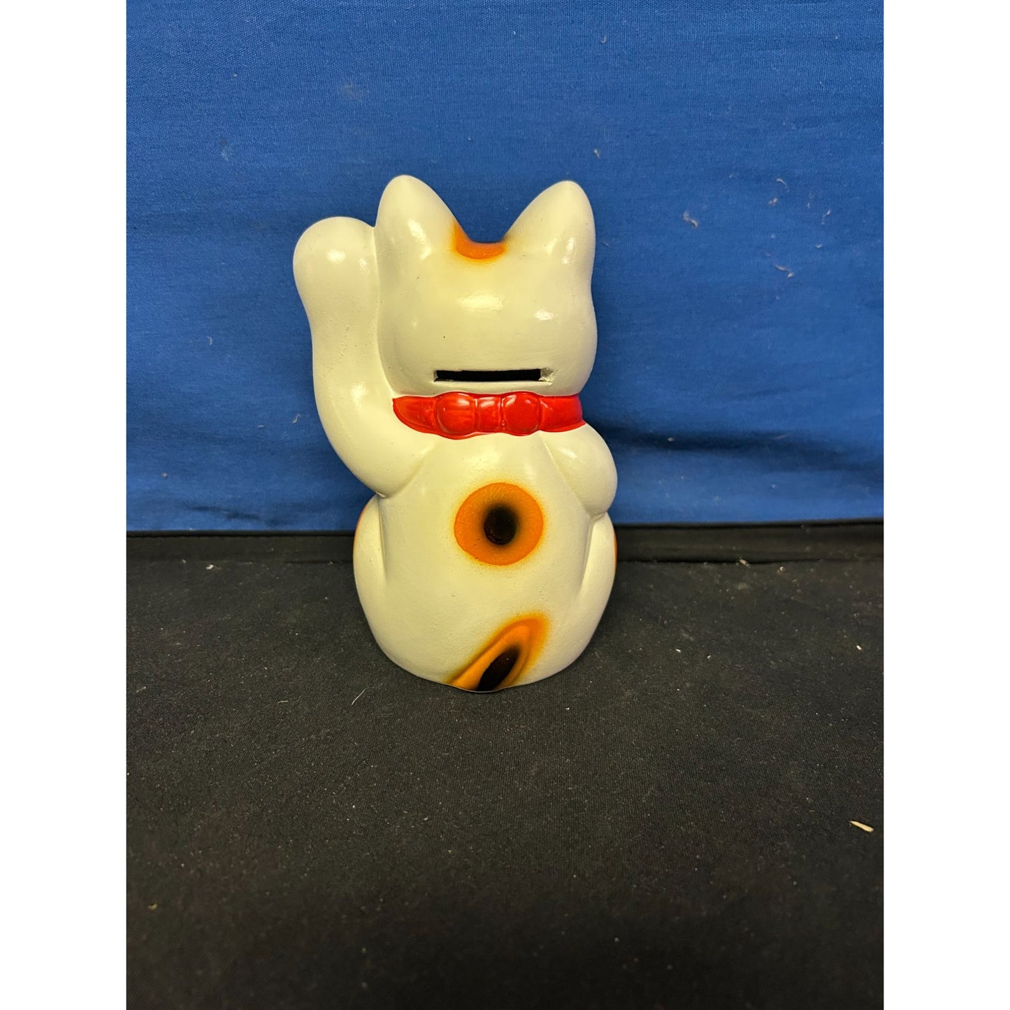 Ceramic White & Orange Maneki Neko Lucky Cat Coin Bank With Red Collar & Gold Glitter Detail