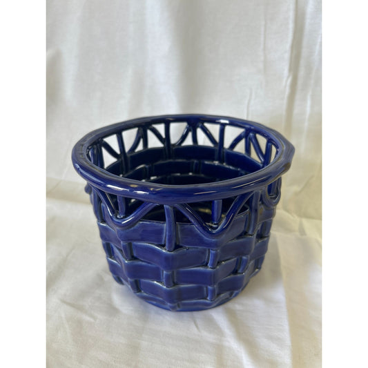 Vintage Blue Ceramic Woven Basket Planter Pot 5.5" Tall Decorative Home Accent
