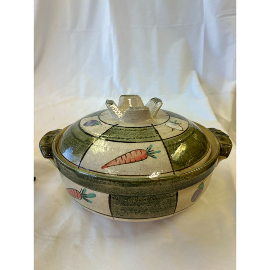 Vintage Hand Painted Ceramic Casserole Dish With Lid Vegetable Design Green And Cream Double Handled Cooking Pot