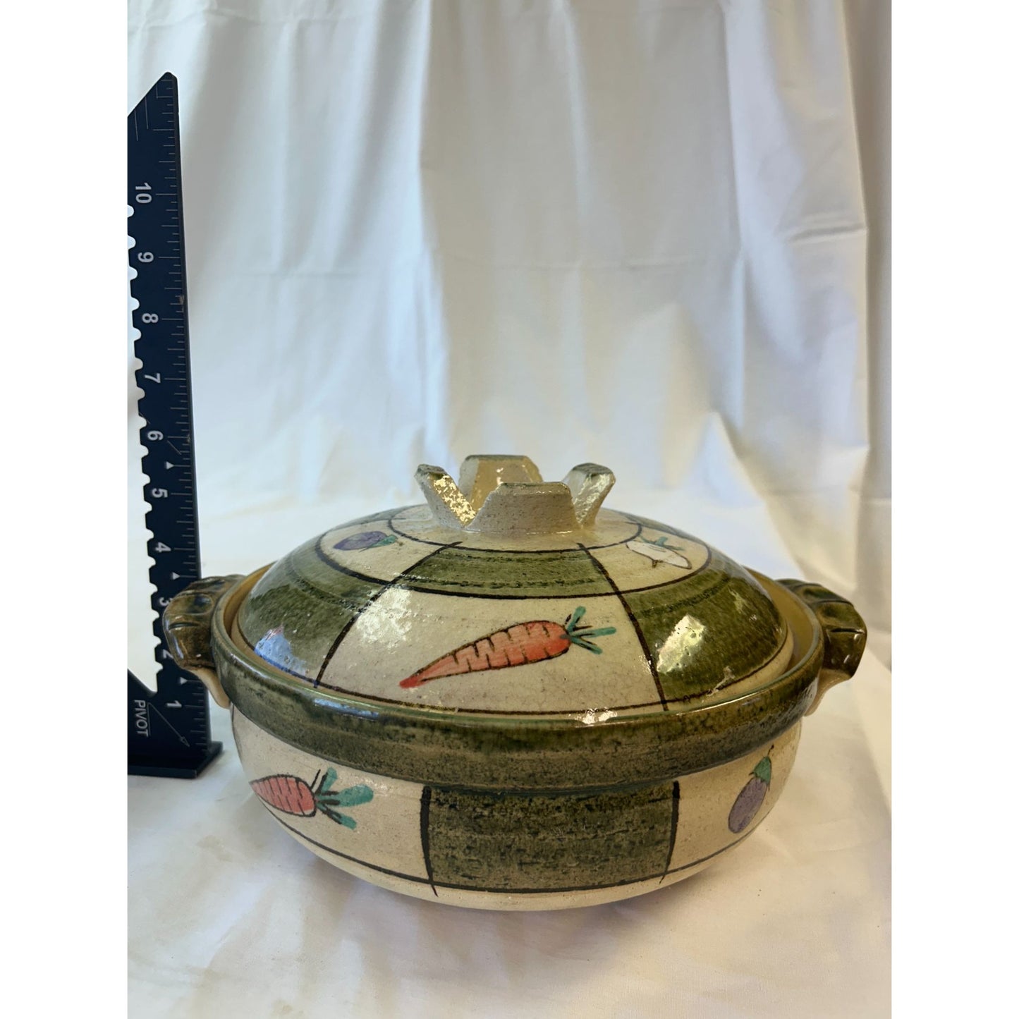 Vintage Hand Painted Ceramic Casserole Dish With Lid Vegetable Design Green And Cream Double Handled Cooking Pot