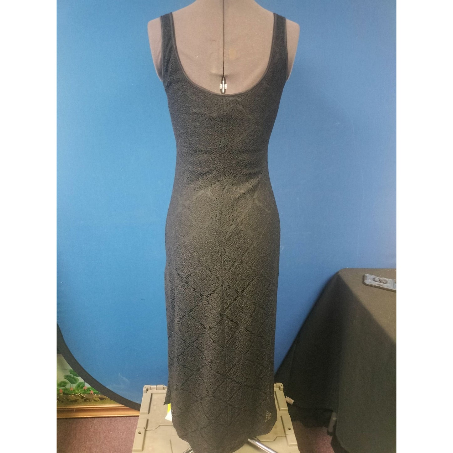 Vintage Explosion Black Lace Maxi Dress Sleeveless Square Neck Medium USA Made