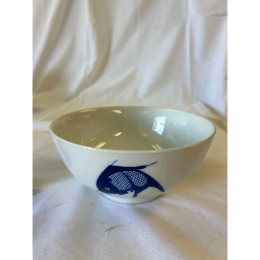 Vintage White Ceramic Bowl With Blue Koi Fish Design 5" Diameter