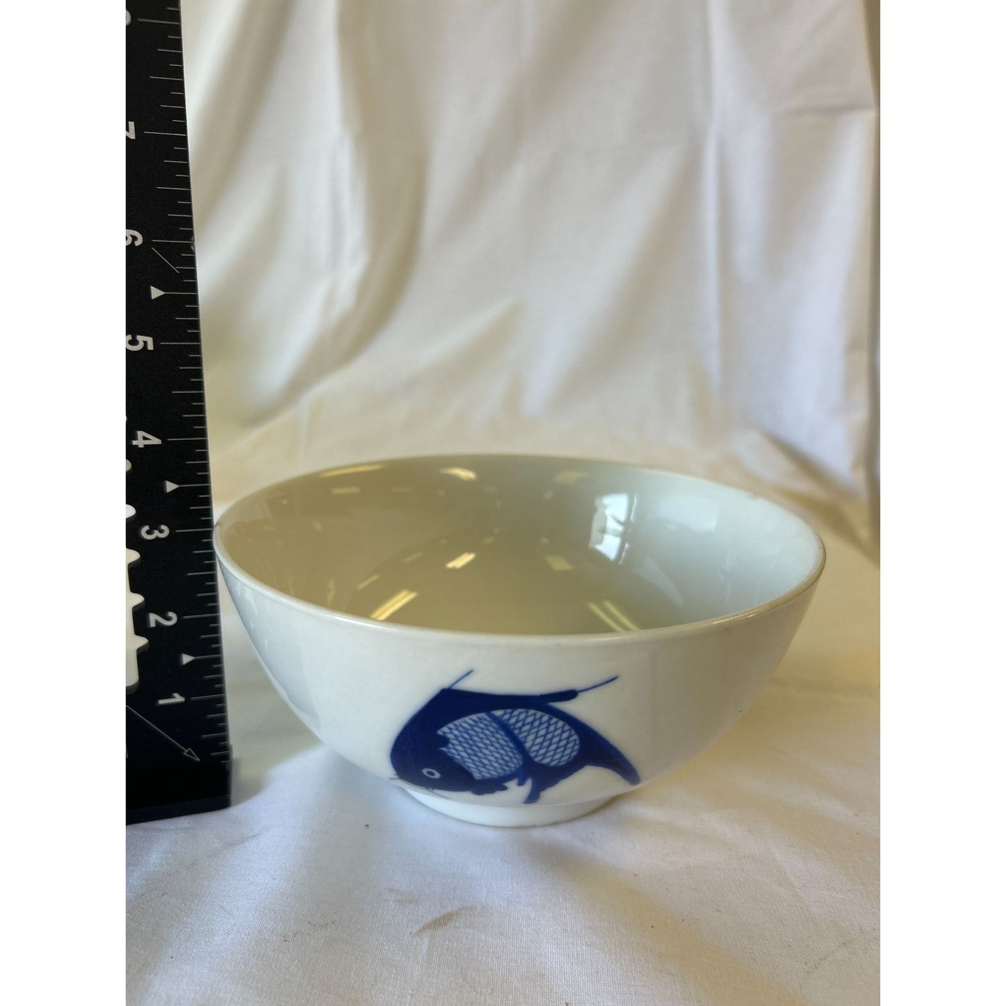 Vintage White Ceramic Bowl With Blue Koi Fish Design 5" Diameter