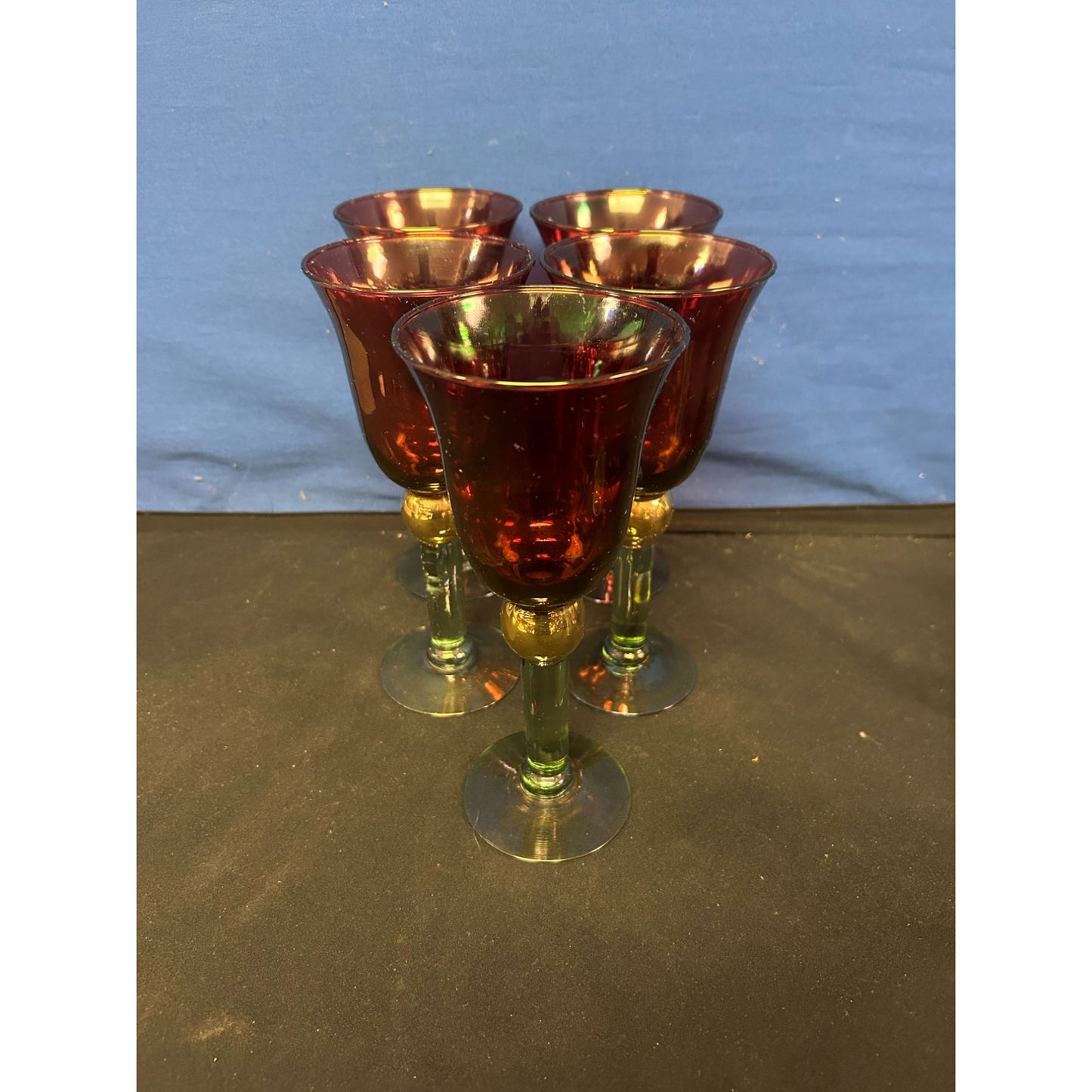 Set Of 5 Vintage Red & Green Glass Goblets With Gold Accents