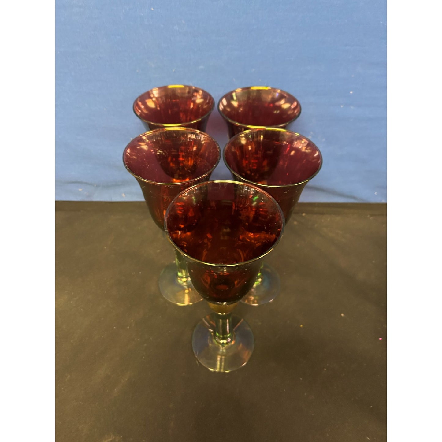 Set Of 5 Vintage Red & Green Glass Goblets With Gold Accents