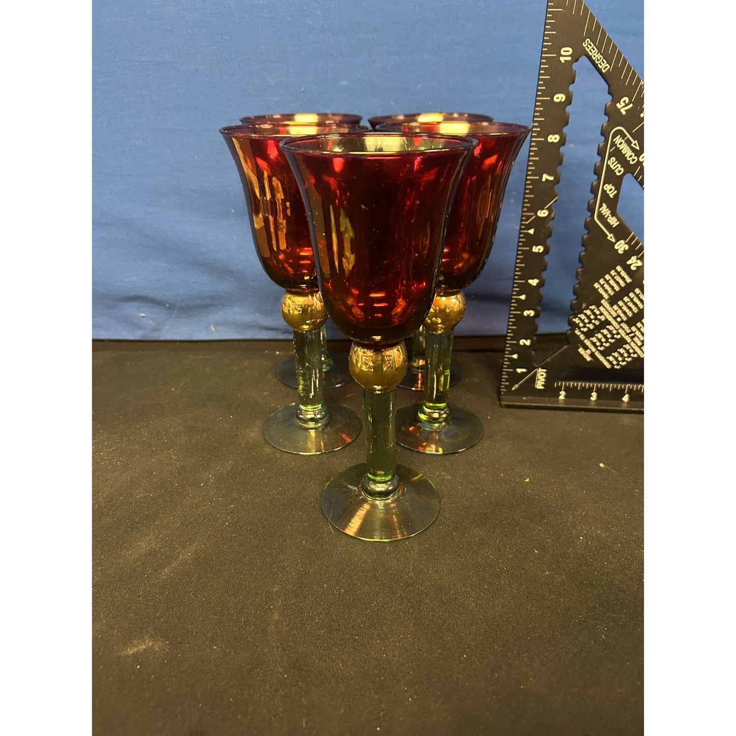 Set Of 5 Vintage Red & Green Glass Goblets With Gold Accents