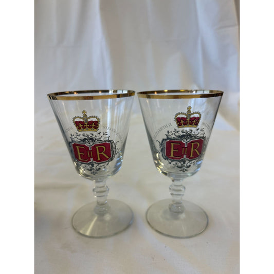 Queen Elizabeth II Silver Jubilee Commemorative Wine Glasses Set Of 2 Gold Rim 5.5"