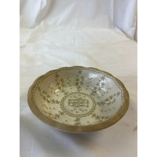 Vintage Handcrafted Ceramic Decorative Bowl Beige & Gold Floral Design 6" Diameter