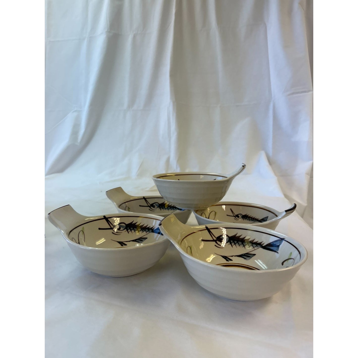 Set Of 5 Vintage Mid-Century Modern Soup Bowls With Handles - Fish Skeleton Design