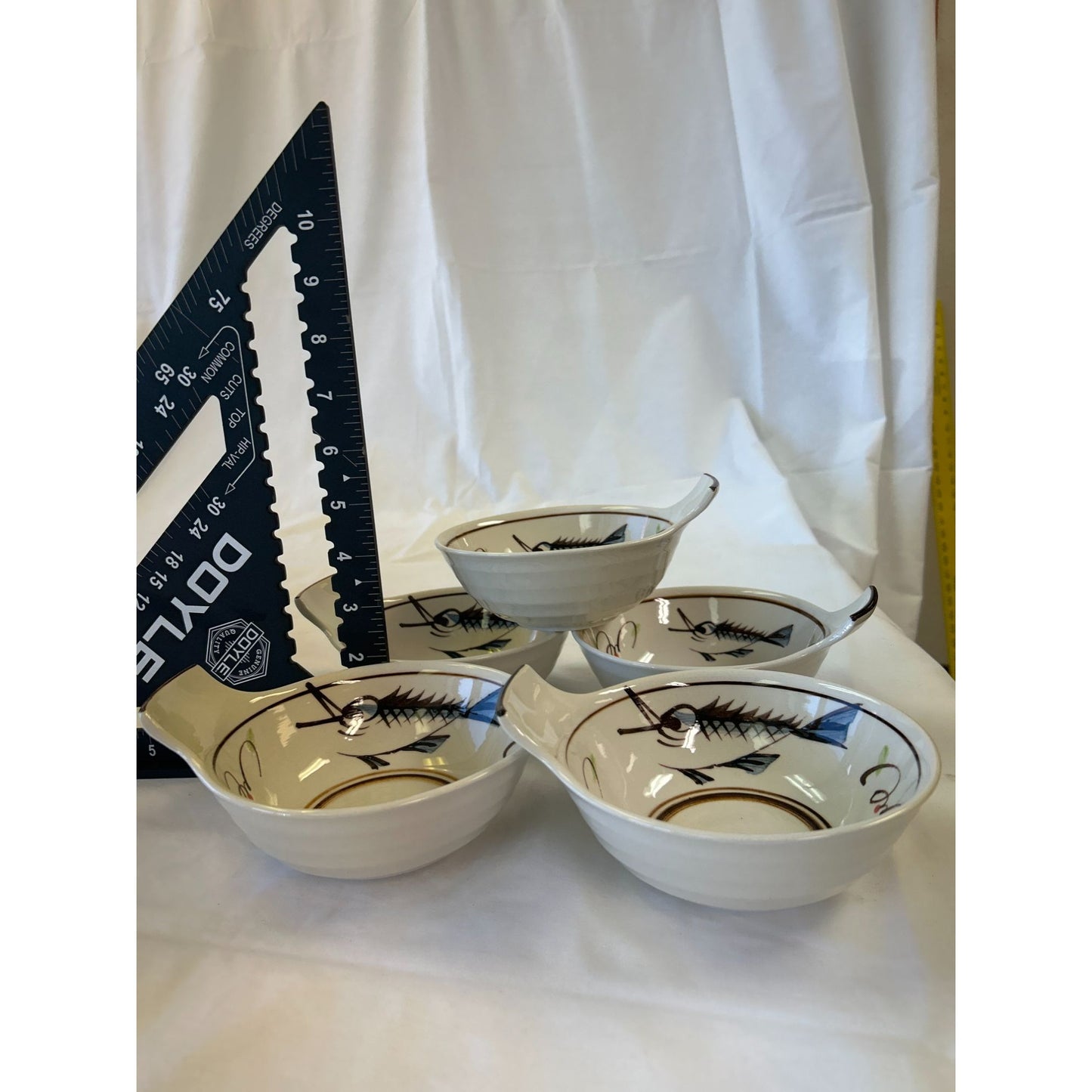 Set Of 5 Vintage Mid-Century Modern Soup Bowls With Handles - Fish Skeleton Design