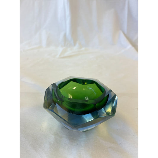 Vintage Green & Blue Murano Art Glass Ashtray Dish - Faceted Crystal Design