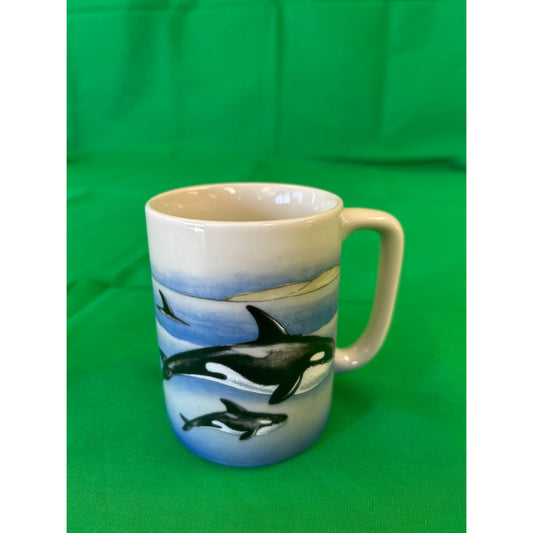 Hand-Painted Ceramic Orca Whale Coffee Mug 10 Oz Blue & White Ocean Theme
