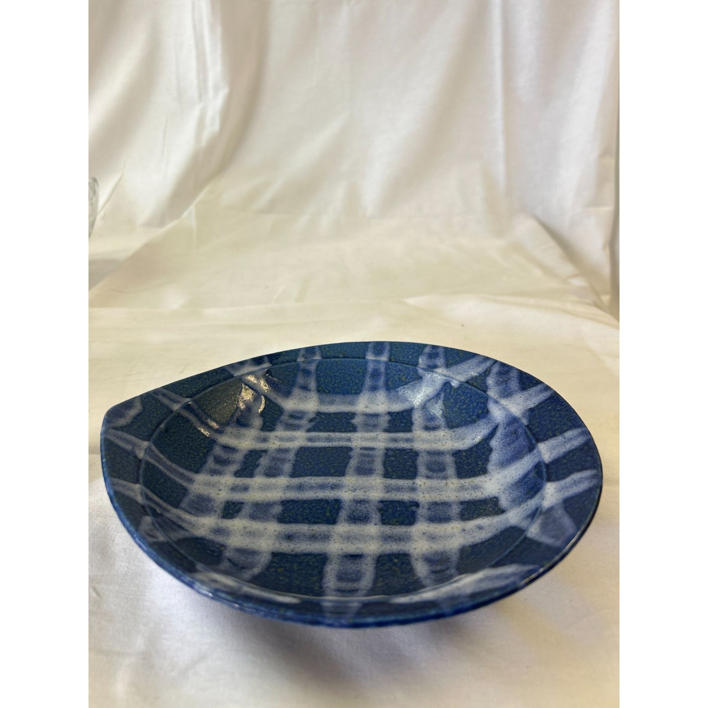Blue Ceramic Plaid Patterned Decorative Plate 7.5" Modern Design For Home Kitchen Or Display