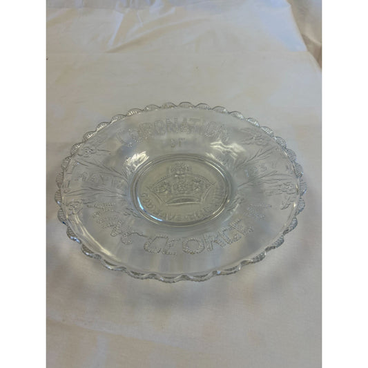 King George VI Coronation Glass Plate 1937 Clear Etched Design Collectible Vintage Decorative Dish 8 Inches