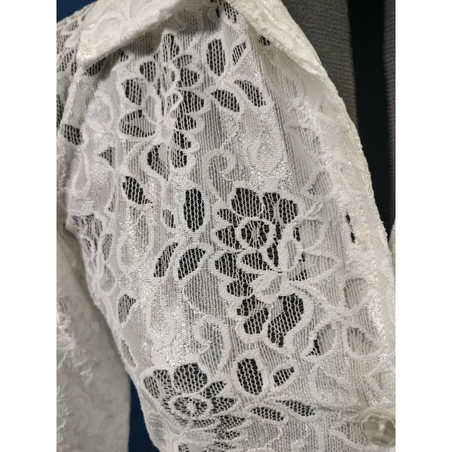 Shasha Collection Womens White Lace Button-Up Long Sleeve Blouse With Floral Sheer Design