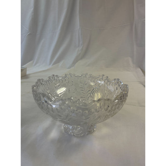 Vintage Clear Glass Footed Bowl With Scalloped Edges & Decorative Floral Etching