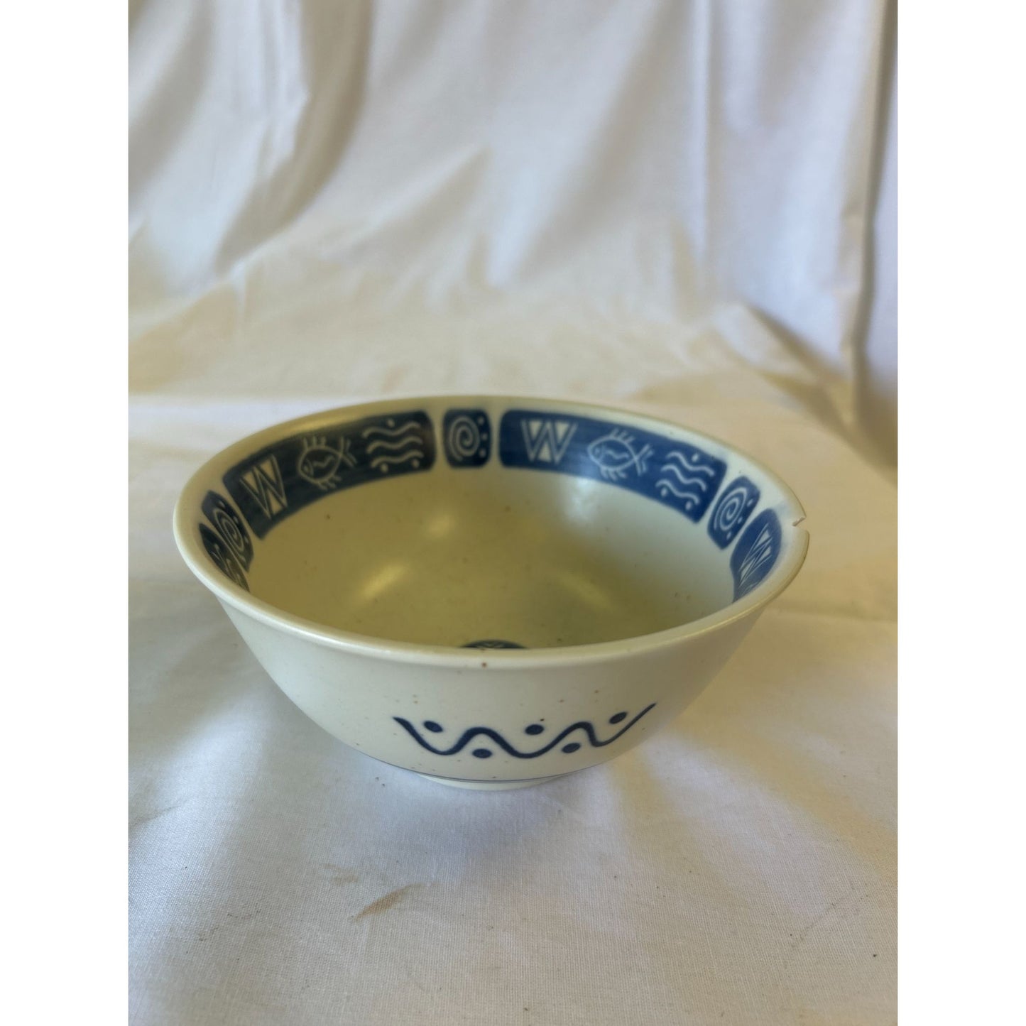 Vintage Ceramic Bowl With Blue Geometric & Nautical Design