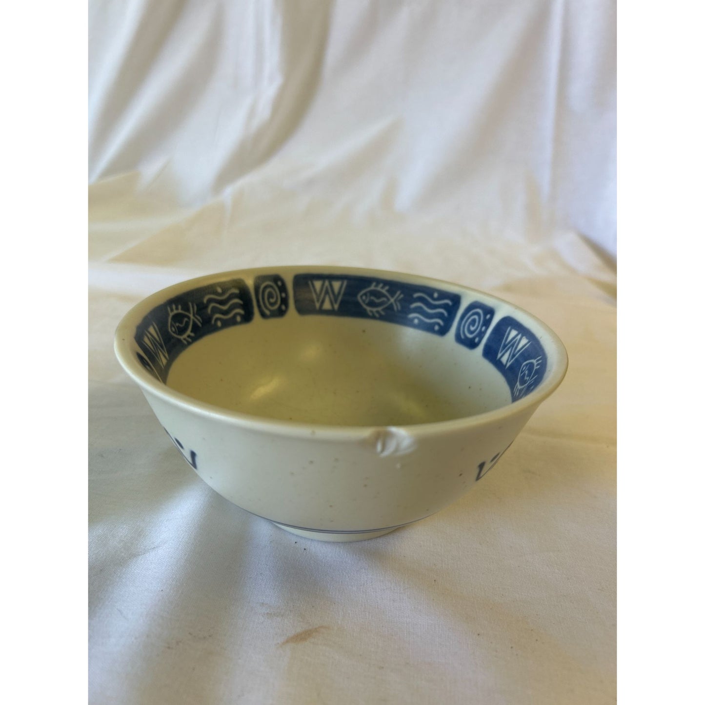 Vintage Ceramic Bowl With Blue Geometric & Nautical Design