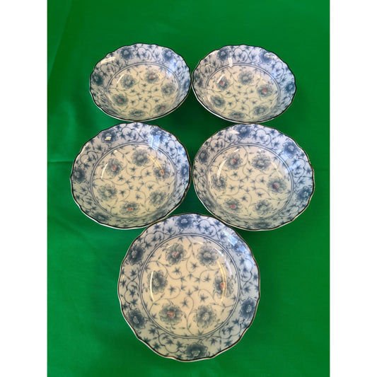 Set Of 5 Vintage Blue & White Floral Porcelain Bowls