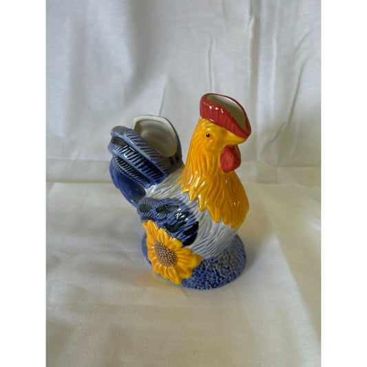 Vintage Ceramic Rooster Creamer Pitcher Hand-Painted Yellow Blue Floral Design 5" Tall Country Farmhouse Decor