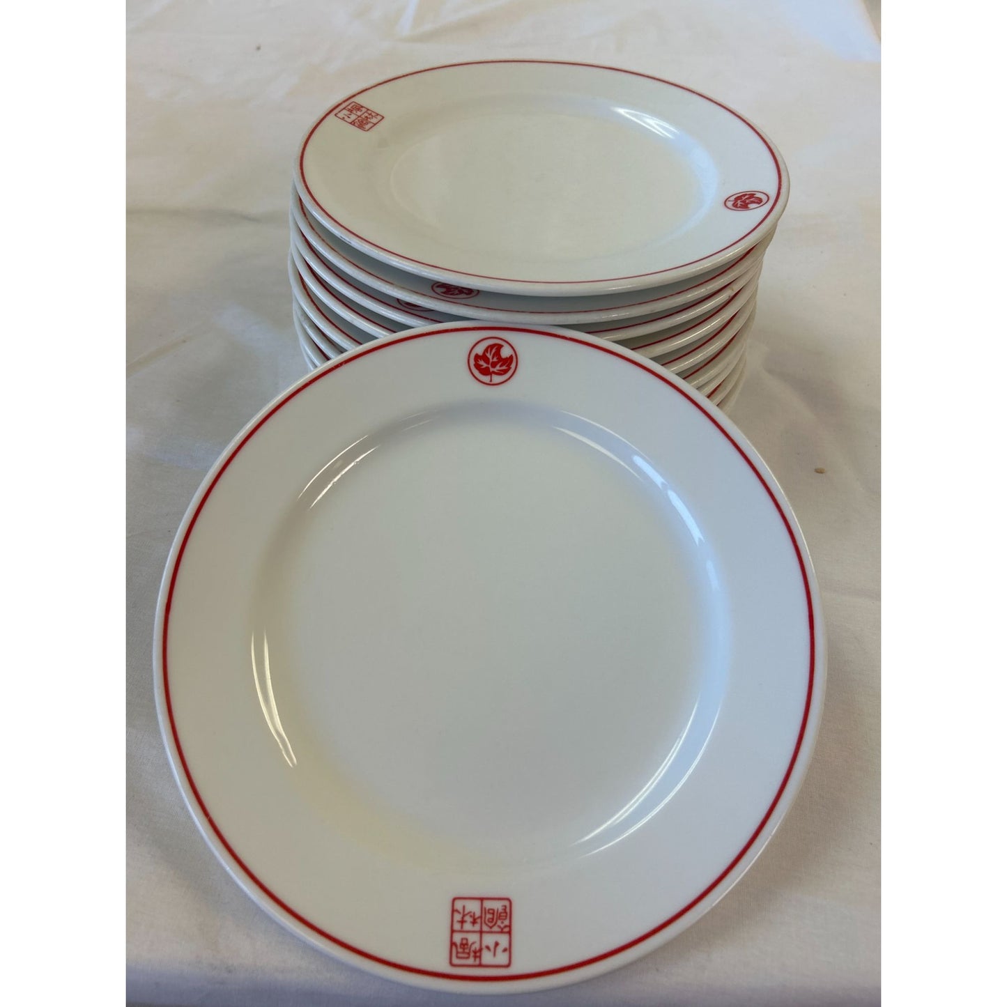 Set Of 11 Vintage Chinese Restaurant Ware Small Plates Red & White Porcelain 6" Diameter