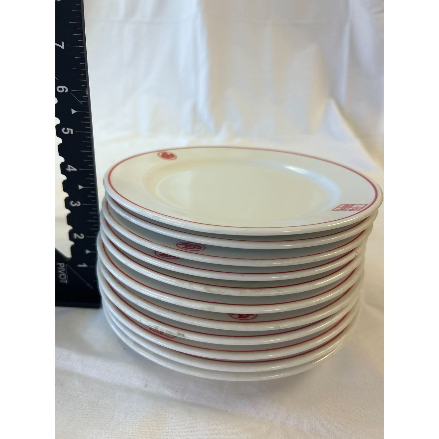 Set Of 11 Vintage Chinese Restaurant Ware Small Plates Red & White Porcelain 6" Diameter