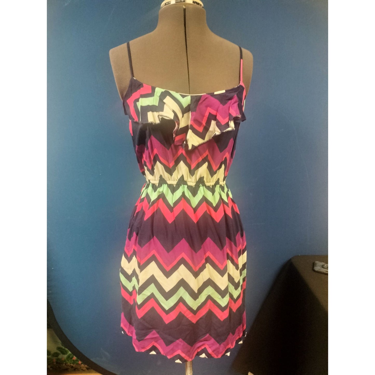 Multicolor Chevron Print Sleeveless Dress With Ruffle Detail & Adjustable Straps - Size M