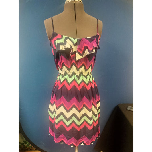Multicolor Chevron Print Sleeveless Dress With Ruffle Detail & Adjustable Straps - Size M
