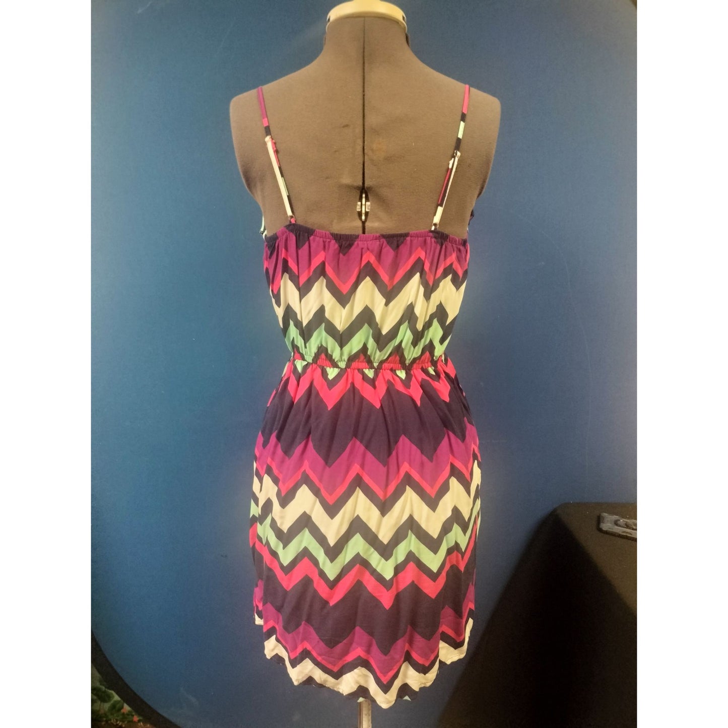 Multicolor Chevron Print Sleeveless Dress With Ruffle Detail & Adjustable Straps - Size M