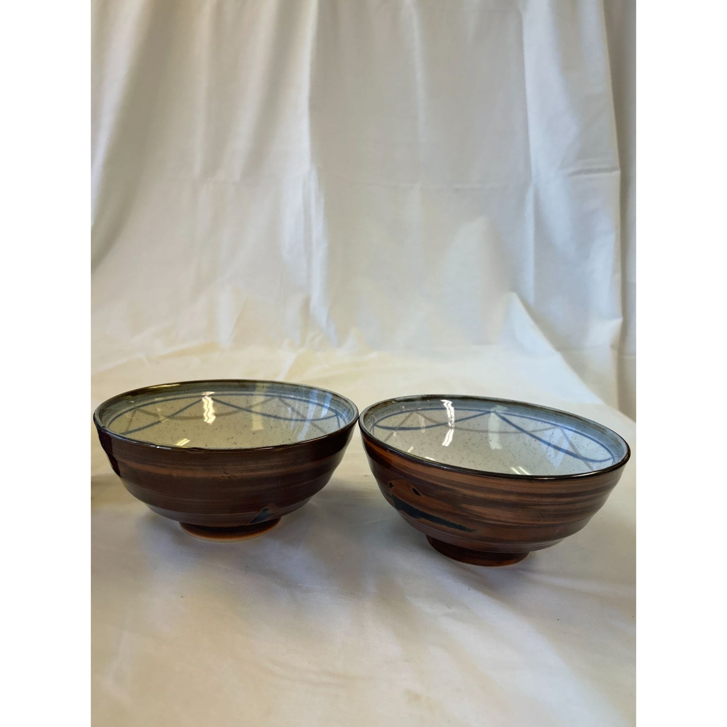 Handcrafted Ceramic Japanese Tea Bowls With Geometric Pattern & Glossy Finish - Set Of 2