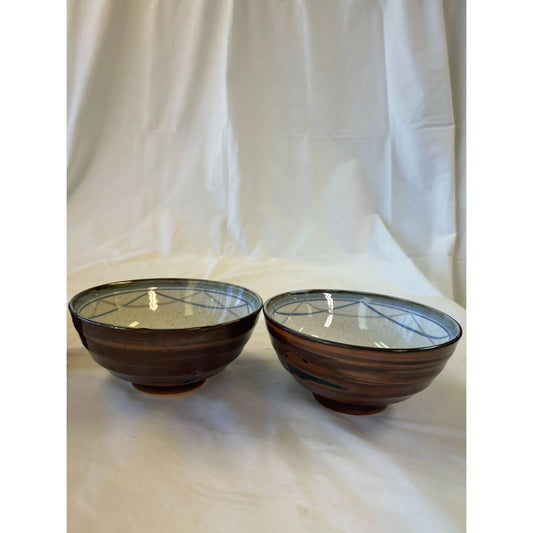 Handcrafted Ceramic Japanese Tea Bowls With Geometric Pattern & Glossy Finish - Set Of 2