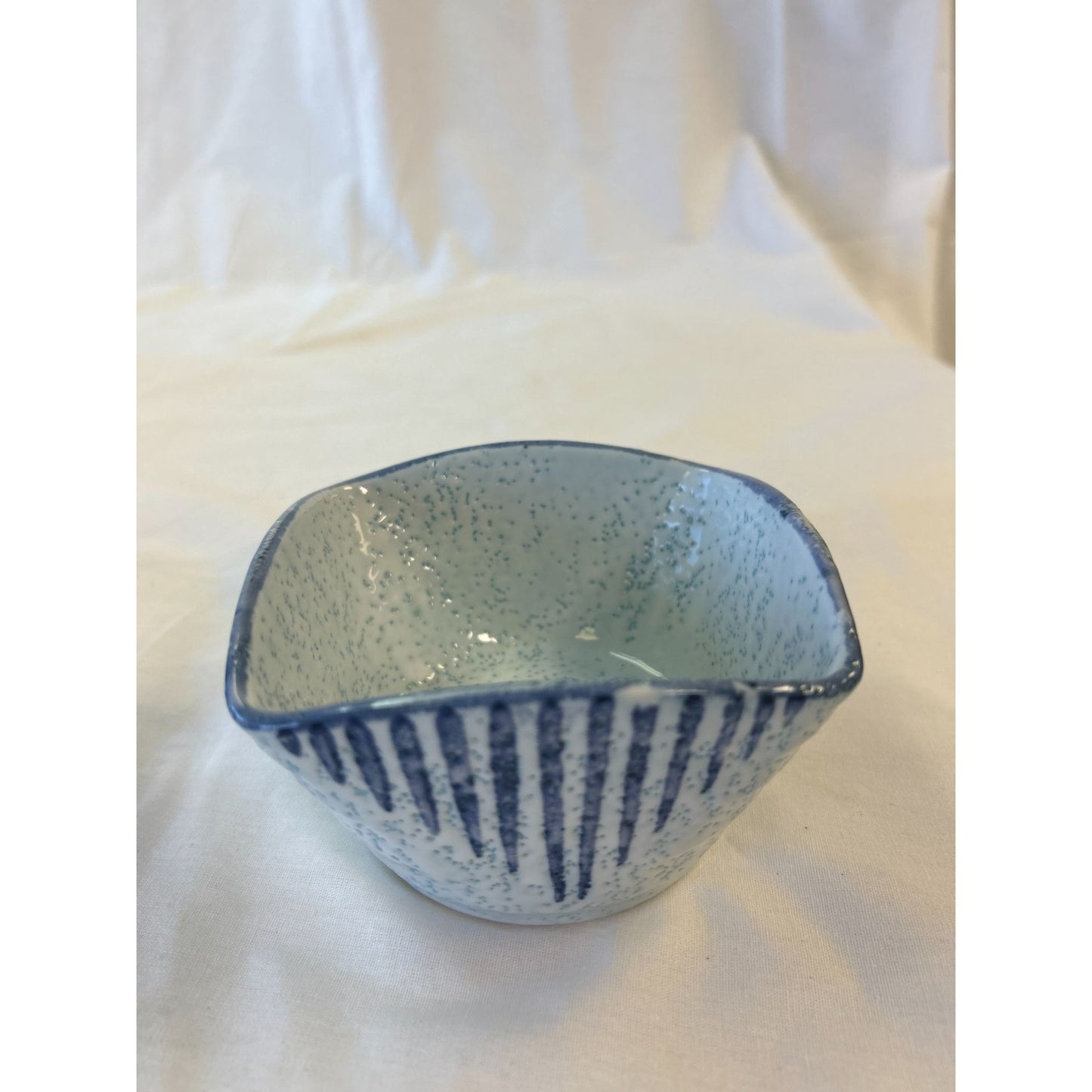 Handcrafted Ceramic Japanese Blue & White Speckled Bowl With Stripe Design