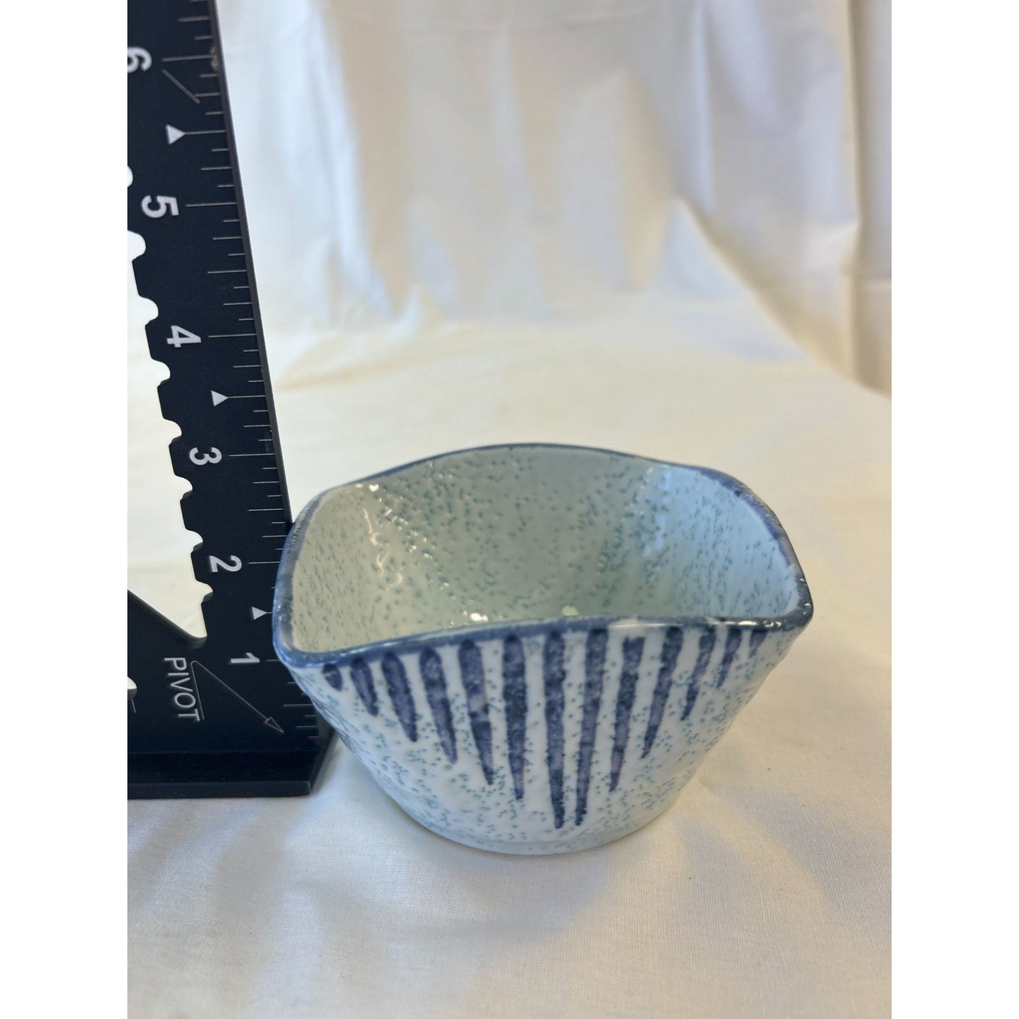 Handcrafted Ceramic Japanese Blue & White Speckled Bowl With Stripe Design