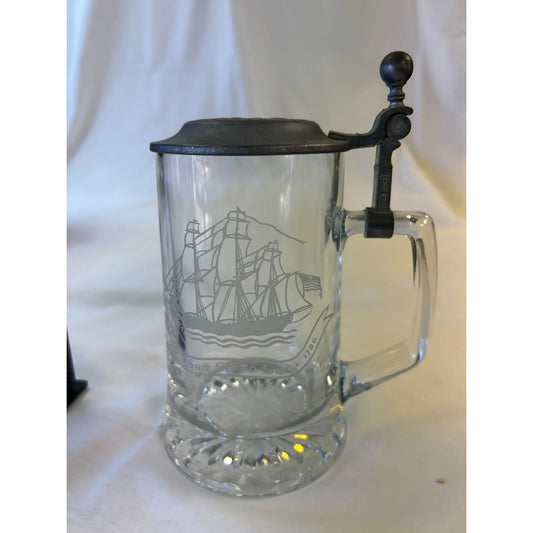 Vintage Glass Beer Stein W/ Pewter Lid & Ship Graphic Design