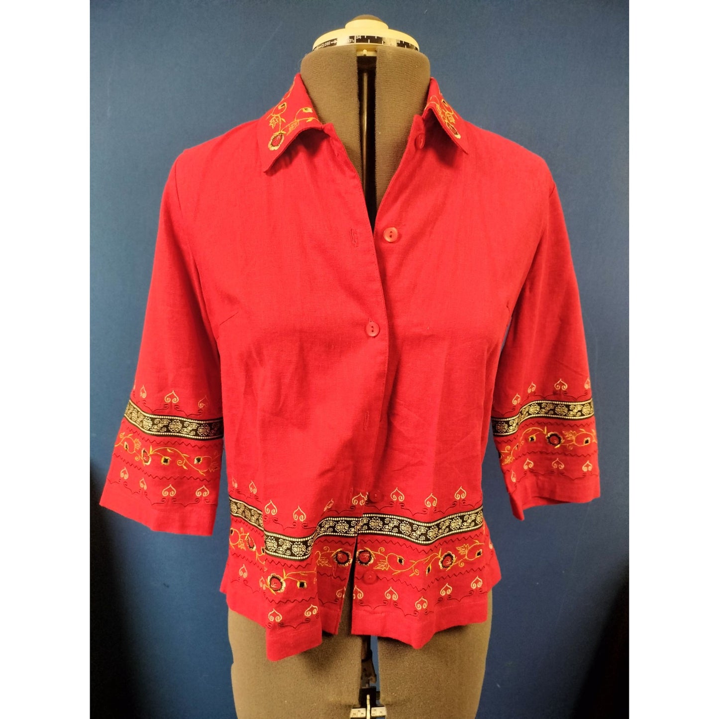 Sag Harbor Petite Red Embroidered Button-Up Top 3/4 Sleeve Womens PX/S Linen Blend