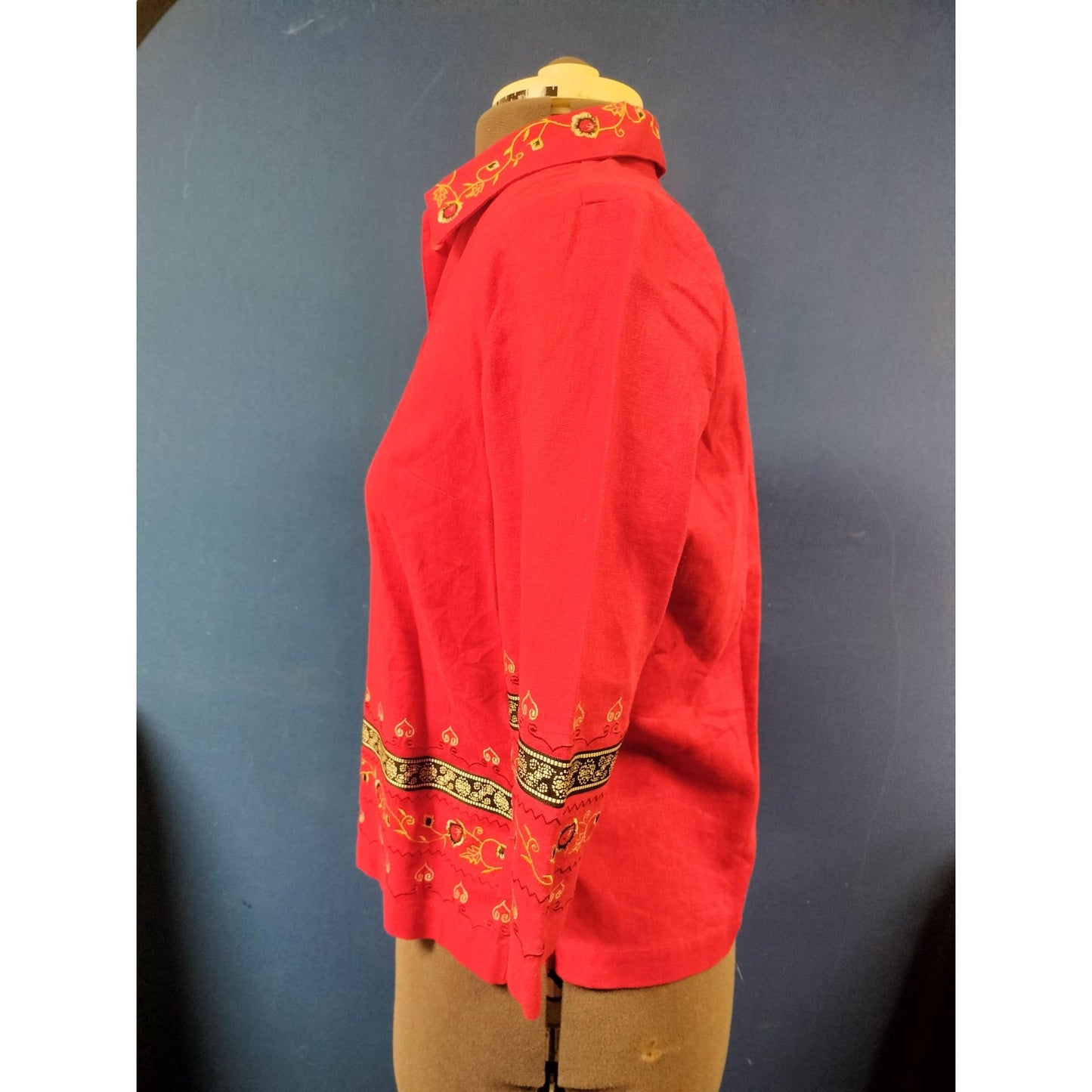 Sag Harbor Petite Red Embroidered Button-Up Top 3/4 Sleeve Womens PX/S Linen Blend