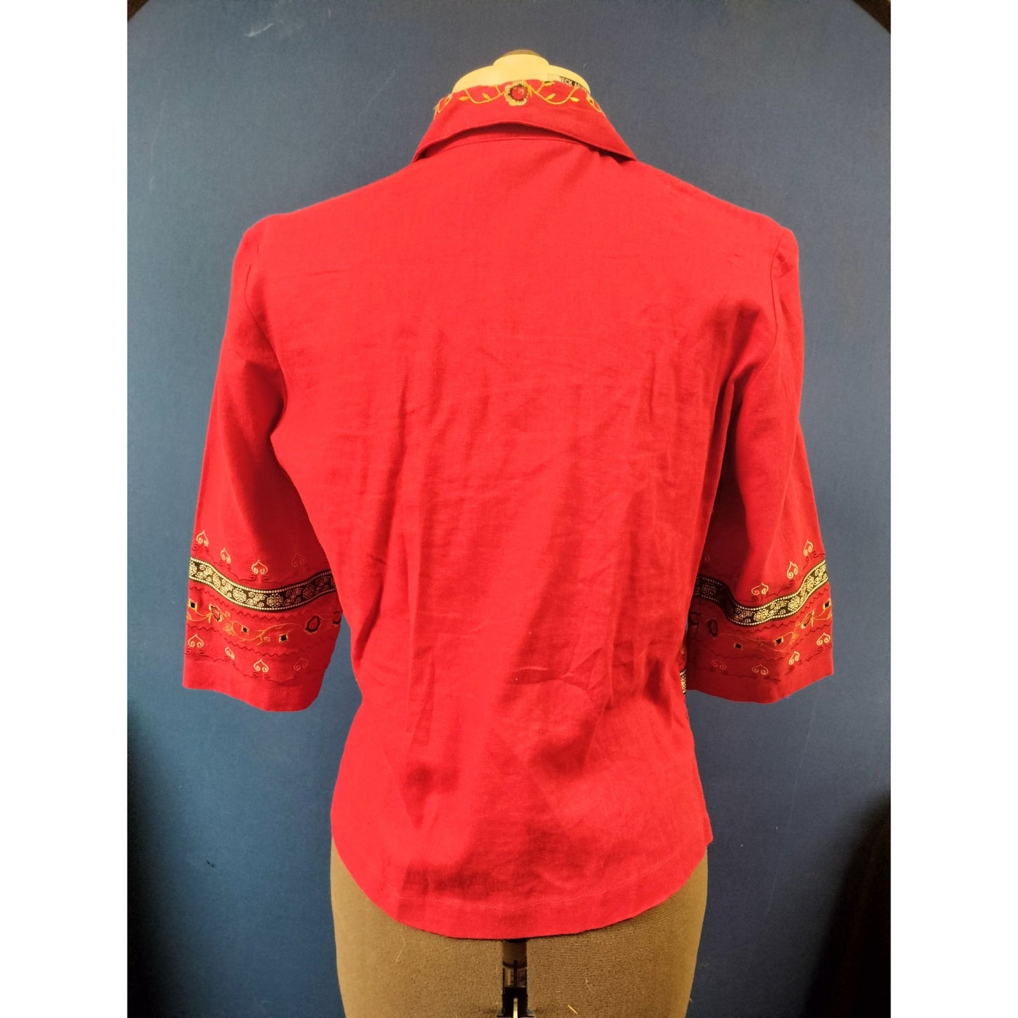Sag Harbor Petite Red Embroidered Button-Up Top 3/4 Sleeve Womens PX/S Linen Blend