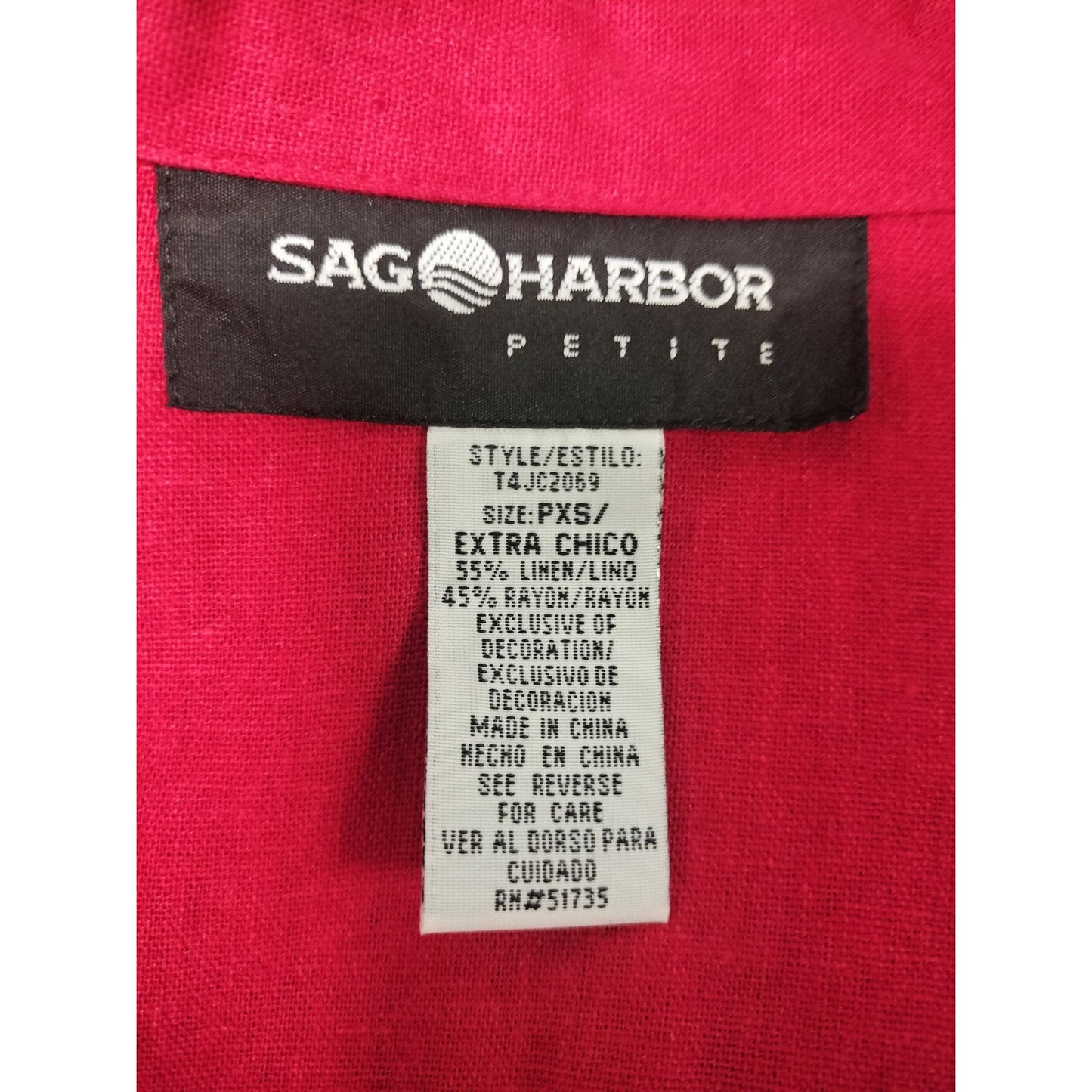 Sag Harbor Petite Red Embroidered Button-Up Top 3/4 Sleeve Womens PX/S Linen Blend
