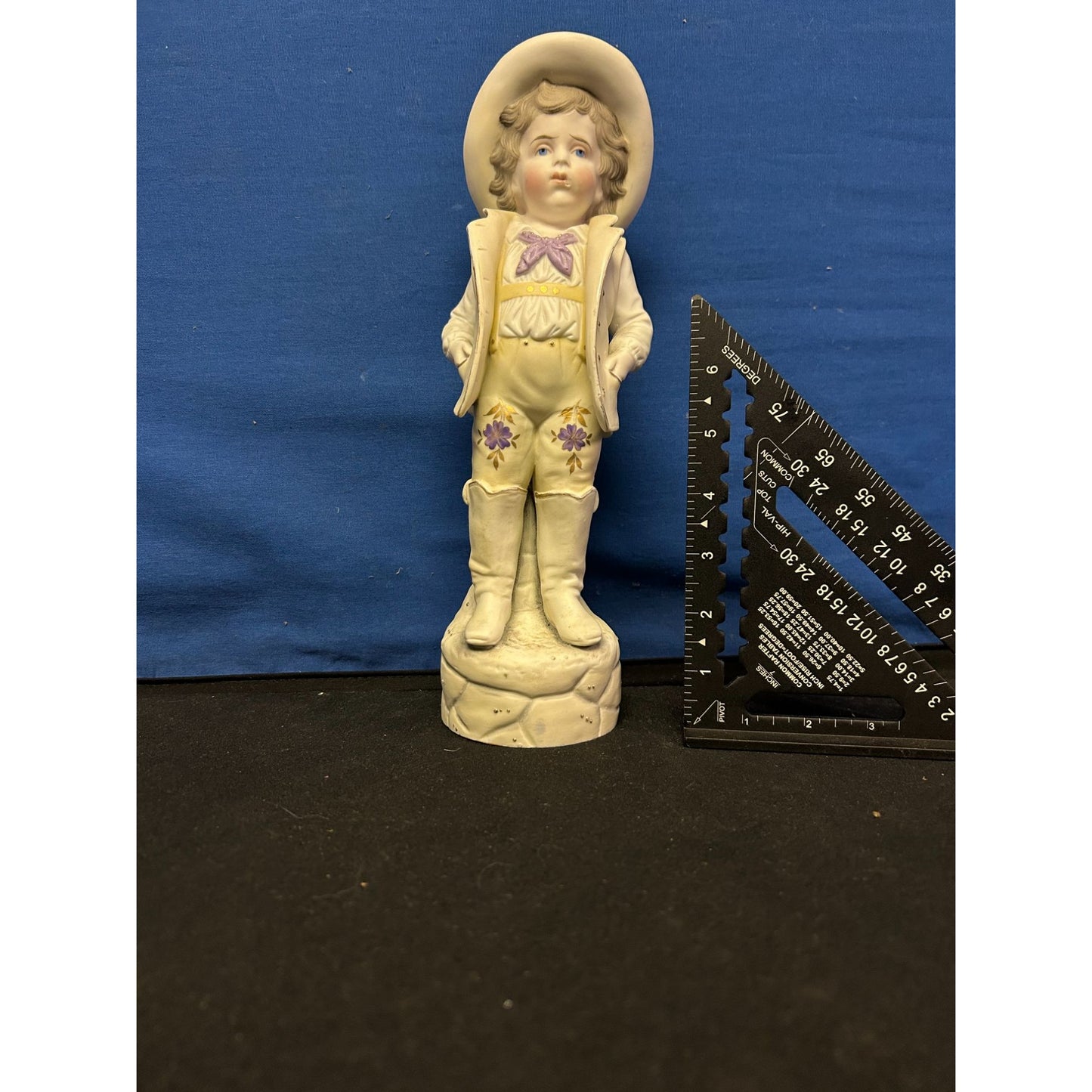 Vintage Porcelain Figurine Victorian Boy with Hat & Boots on Rock Base 10" Tall