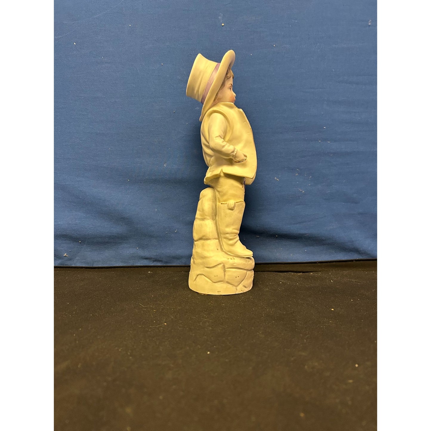 Vintage Porcelain Figurine Victorian Boy with Hat & Boots on Rock Base 10" Tall