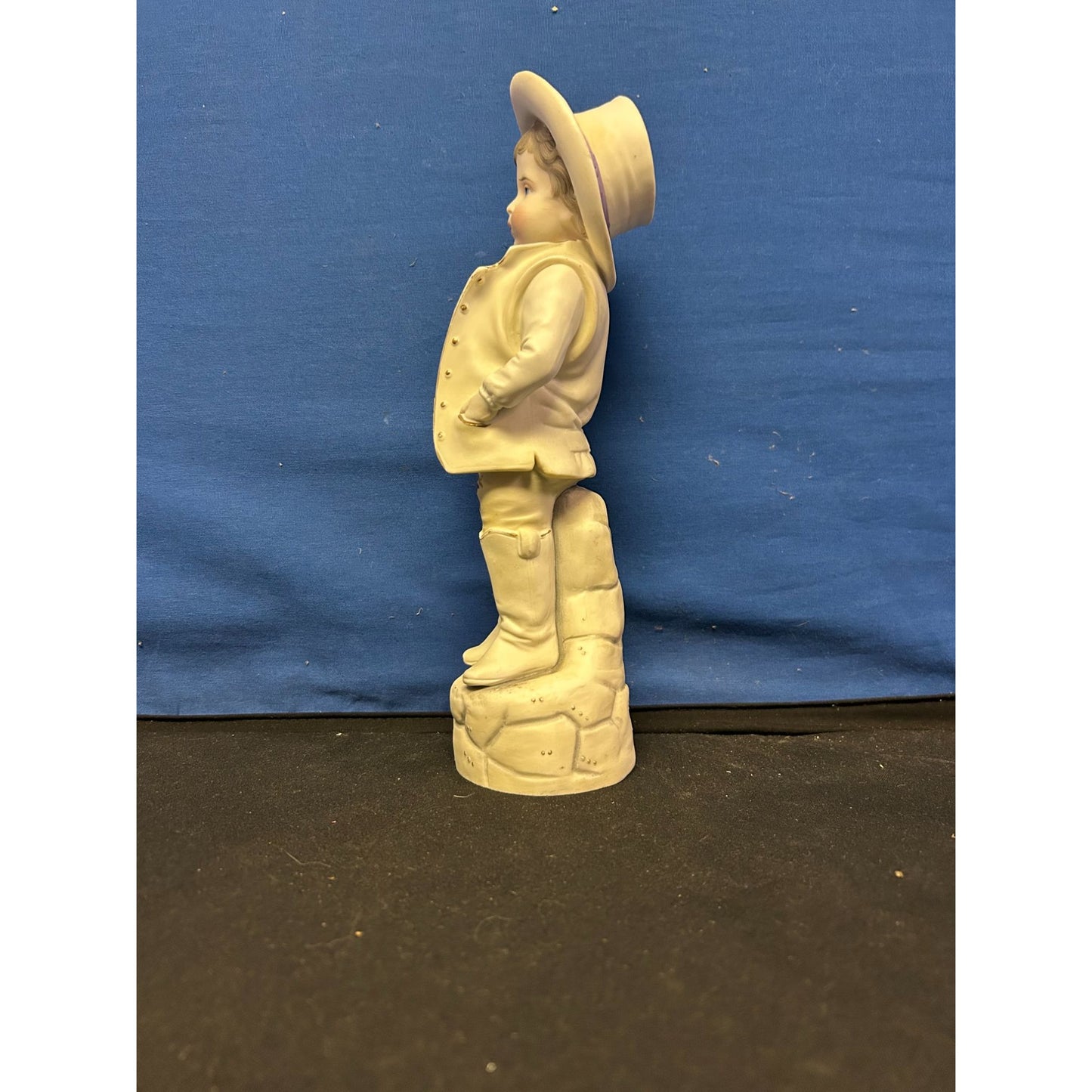 Vintage Porcelain Figurine Victorian Boy with Hat & Boots on Rock Base 10" Tall