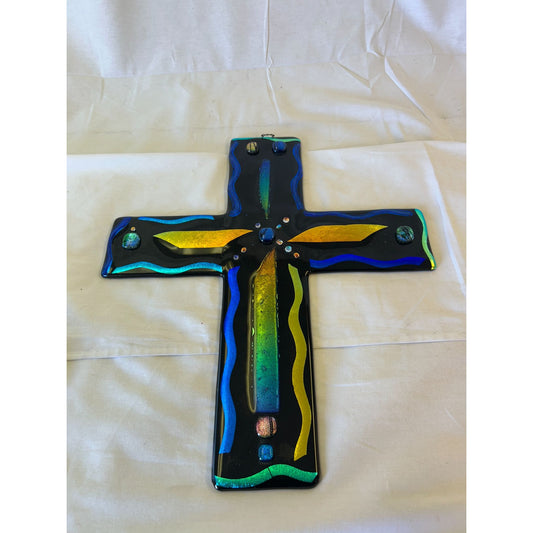 Handmade Stained Glass Cross Wall Decor With Vibrant Colors & Abstract Design
